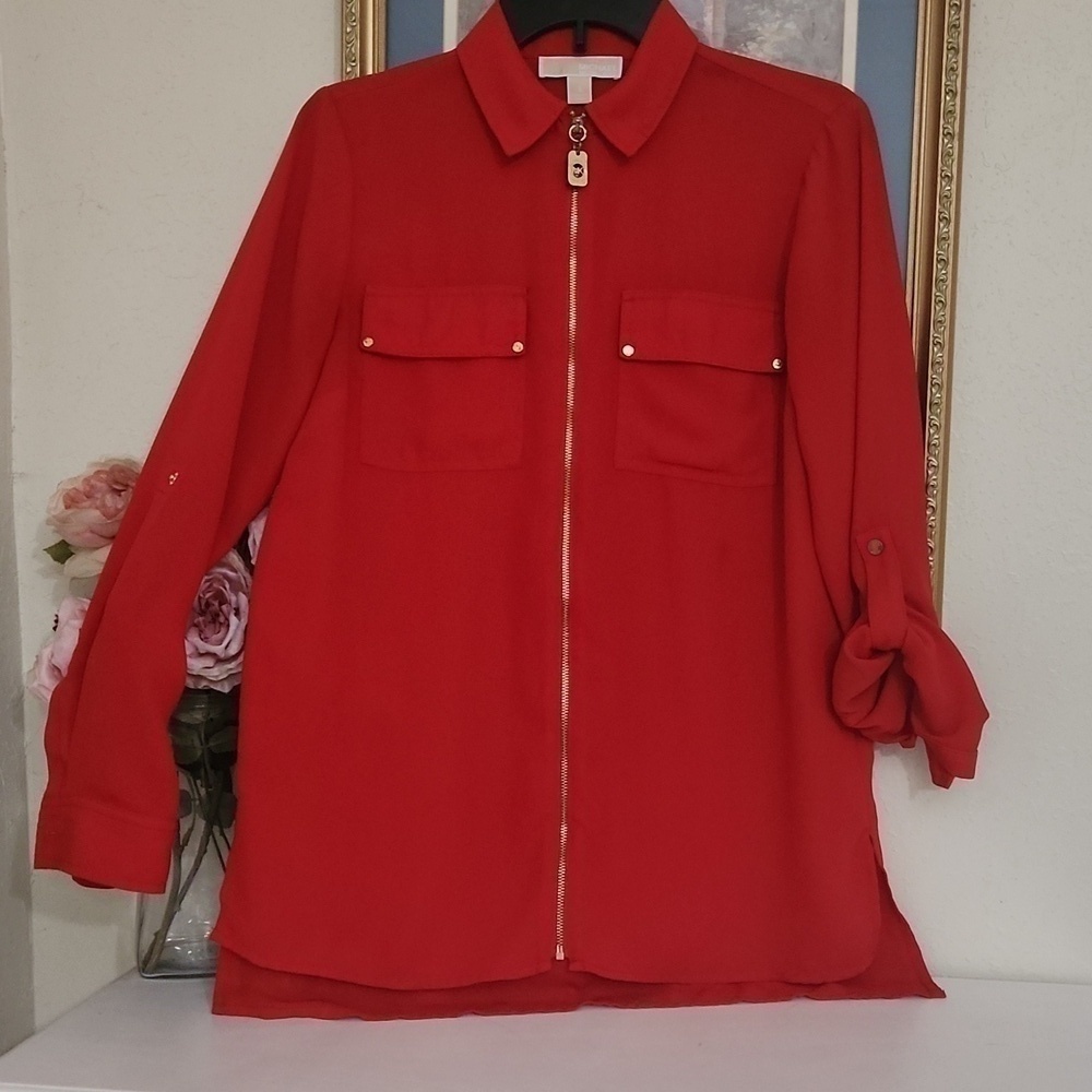 2for$10 Michael Kors Red Blouse Tunic Zipper Front Career Work Elegant Party - Picture 9 of 9